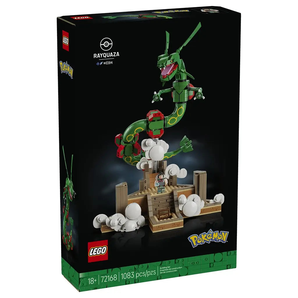 LEGO Pokémon Rayquaza 72168 box in black shows the green brick-built dragon circling above a tan shrine with white clouds, labeled 1083 pieces and ages 18+.