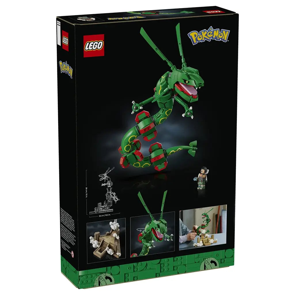 LEGO Pokémon Rayquaza package back shows the green brick-built dragon, trainer minifigure, dimensions, detail views, and lifestyle image on a black box with Pokémon logos.