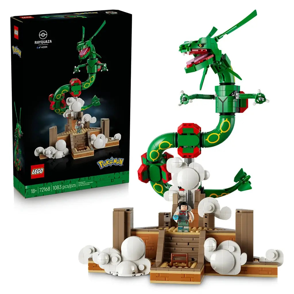 LEGO Pokémon Rayquaza set in green plastic bricks forms a long dragon above a tan shrine and white clouds, shown beside the black 1083-piece product box.