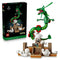LEGO Pokémon Rayquaza set in green plastic bricks forms a long dragon above a tan shrine and white clouds, shown beside the black 1083-piece product box.