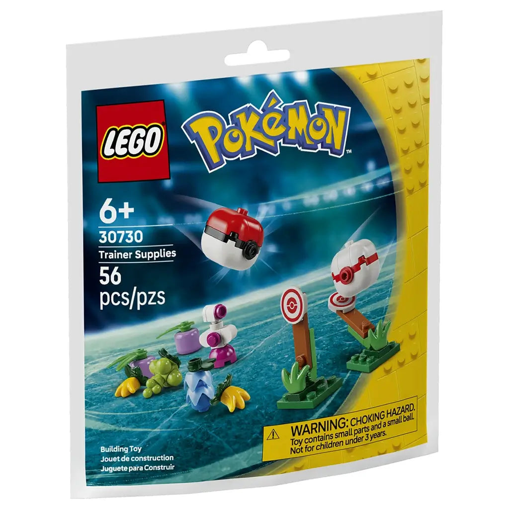 LEGO Pokémon Trainer Supplies 30730 package shows colorful plastic brick Poké Balls, berries, bottles, and training targets on a blue stadium background, labeled 56 pieces.
