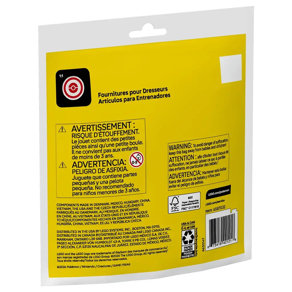 LEGO Pokémon Trainer Supplies 30730 package back has a bright yellow panel with multilingual safety warnings, product information, recycling marks, and a barcode.