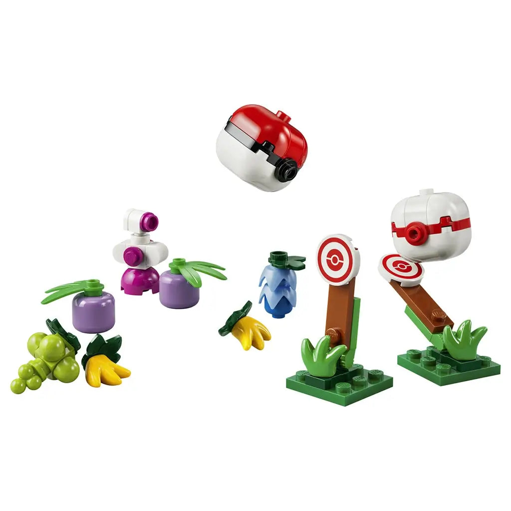 LEGO Pokémon Trainer Supplies set features red, white, green, purple, blue, and yellow plastic brick Poké Balls, berries, bottles, and two targets on a white background.