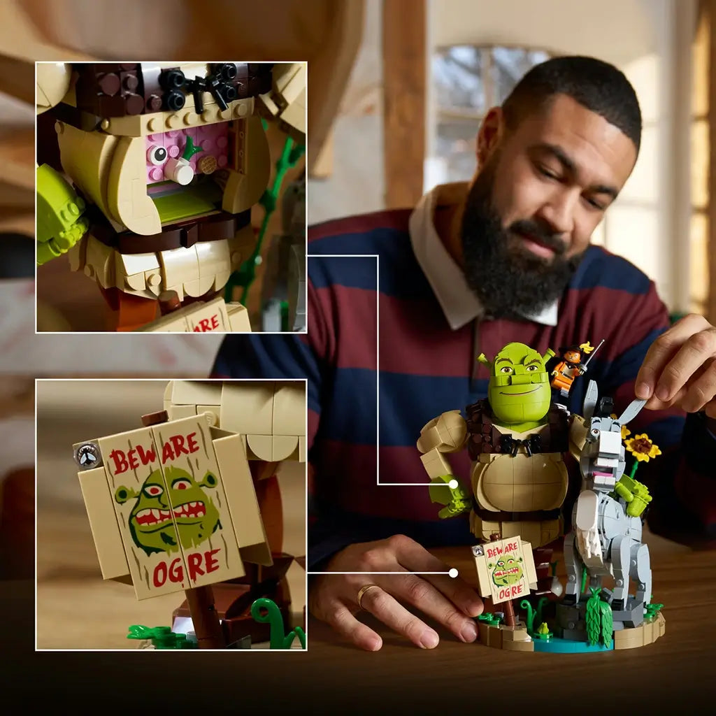 LEGO Shrek building set scene shows an adult assembling the green Shrek and gray Donkey display, with close-up insets highlighting the interior and Beware Ogre sign.