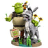 LEGO Shrek display model features green Shrek holding an onion beside gray Donkey and orange Puss in Boots, with sunflowers and a Beware Ogre sign on a swamp base.