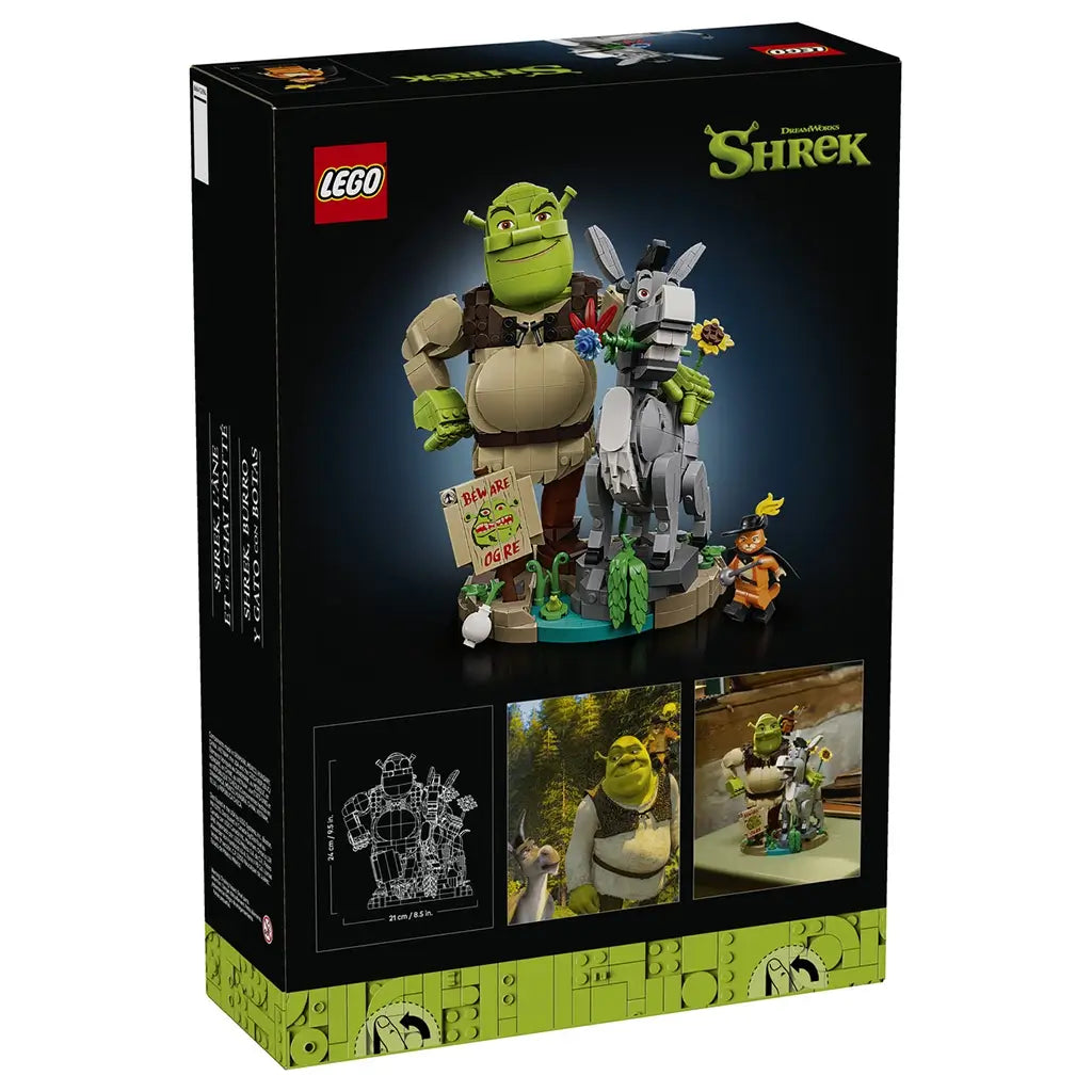LEGO Shrek display set package back features green Shrek, gray Donkey and orange Puss in Boots on the swamp base, plus dimensions, film imagery and model photos.