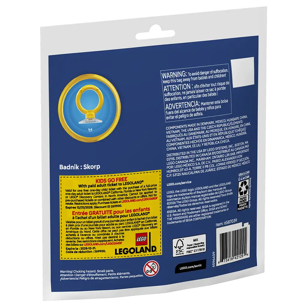 LEGO Sonic the Hedgehog building set package back showing dark blue cardboard packaging, flat glossy print, safety warnings, multilingual text, and promotional LEGOLAND offer details, providing product information and compliance notices.