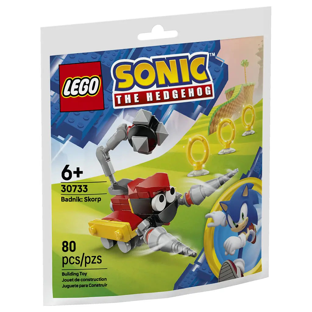 LEGO Sonic the Hedgehog Badnik Skorp building set package front showing bright blue and green cardboard artwork, glossy printed box, mechanical Skorp enemy build, golden rings, age 6+ label, and 80-piece count.