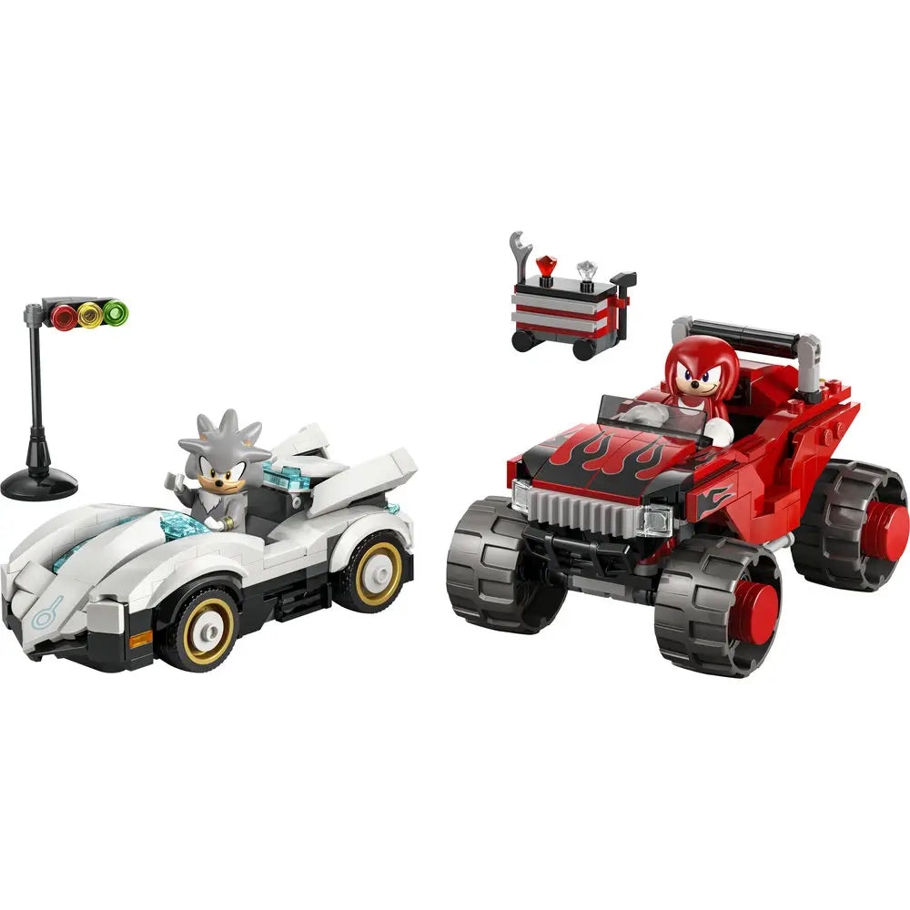 LEGO Sonic the Hedgehog Silver’s Car vs Knuckles’ Monster Truck set featuring white and red plastic vehicles with chunky wheels, compact racing and off-road shapes, and character details, arranged together on a clean white background for play.