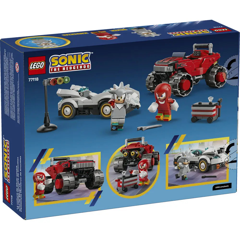 Back of LEGO Sonic the Hedgehog Silver’s Car vs Knuckles’ Monster Truck box showing play features, character figures, and vehicle builds, printed on blue cardboard packaging designed for clear retail shelf presentation.