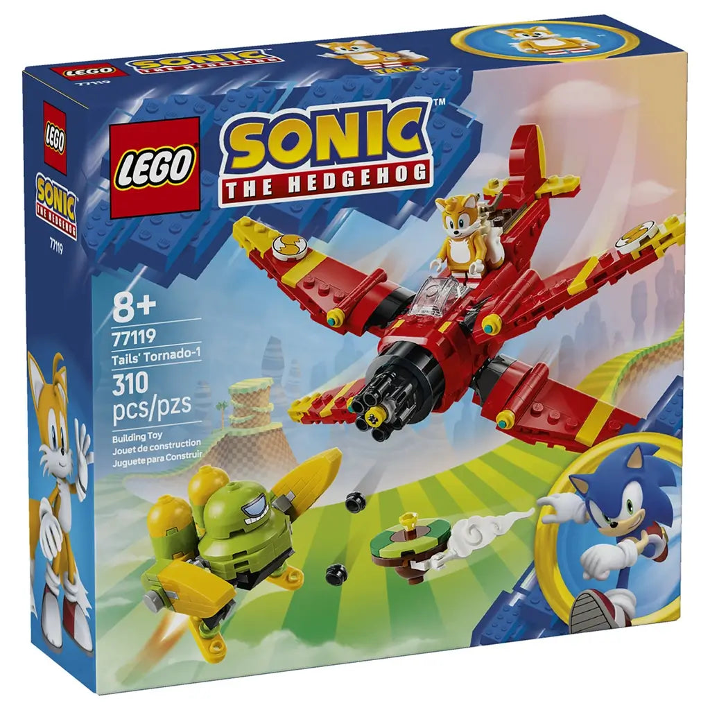 LEGO Sonic the Hedgehog Tails' Tornado-1 box front shows the red and yellow brick airplane with Tails and a green Badnik flying through a colorful game-themed landscape.