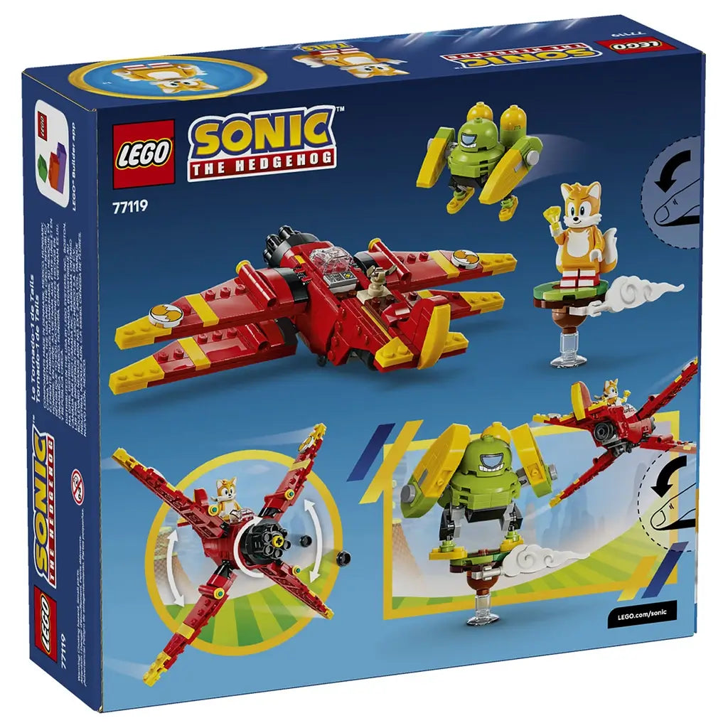LEGO Sonic the Hedgehog Tails' Tornado-1 package back shows the red and yellow brick airplane, Tails, green Badnik and illustrated play features against a dark blue backdrop.