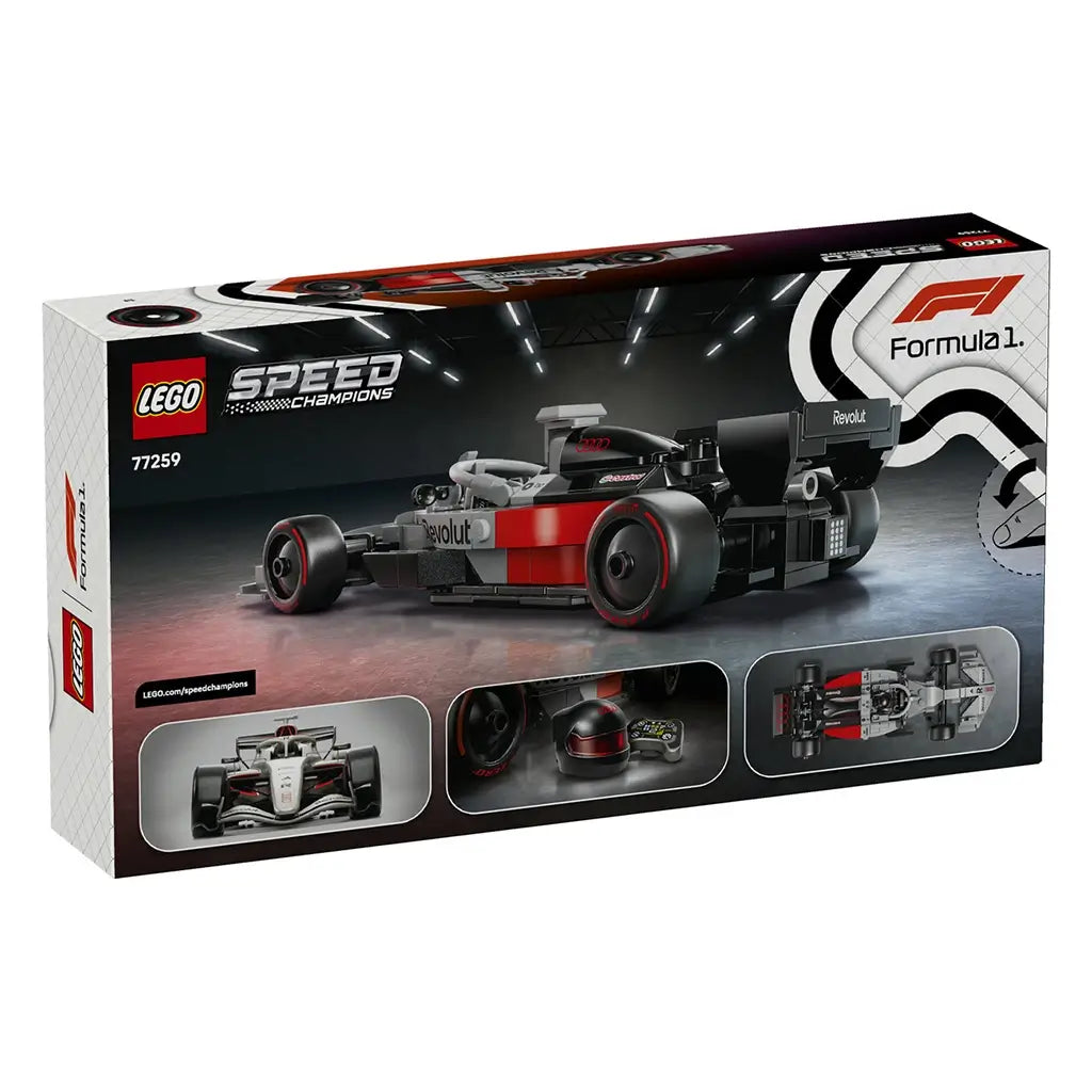 LEGO Speed Champions Audi F1 race car set box in black and white cardboard packaging with red accents, rectangular box showing Revolut livery car model, product details and images on a studio background.
