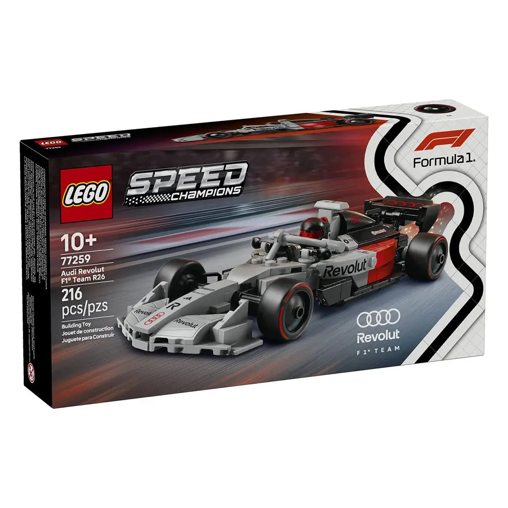 LEGO Speed Champions Audi Revolut F1 Team R26 set box in black, white, and red cardboard, rectangular packaging featuring detailed race car image, branding, and set information on a clean backdrop.