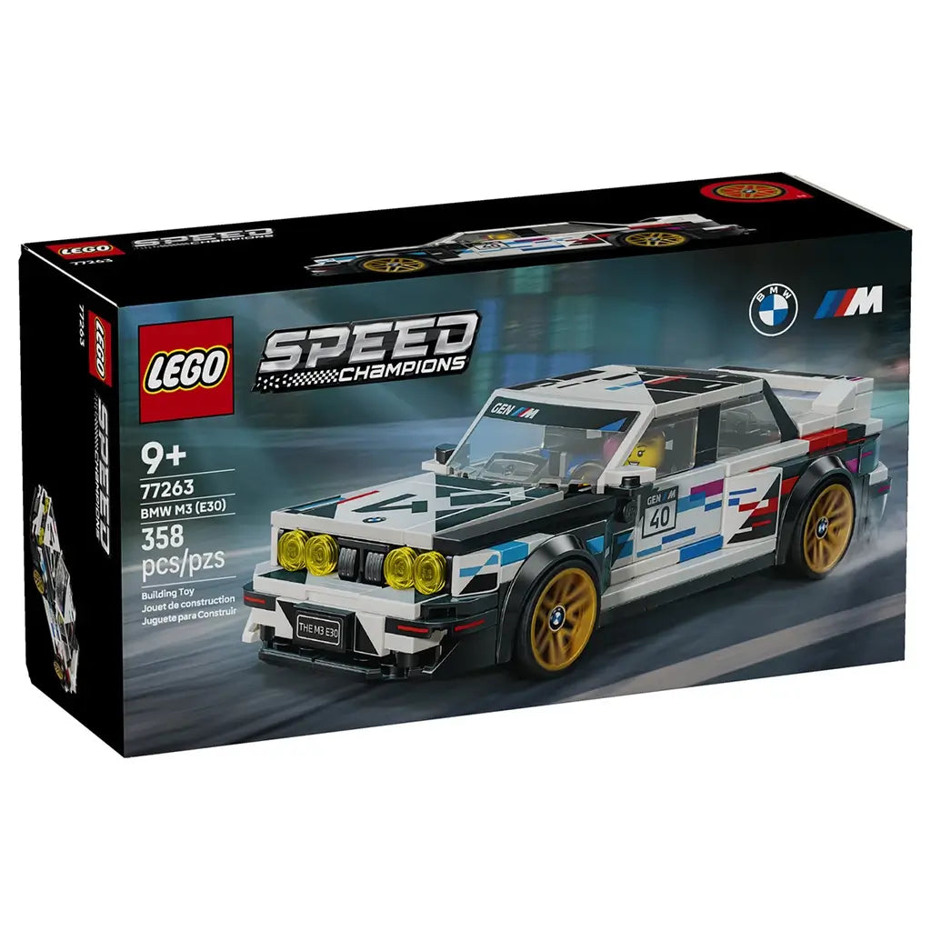 LEGO Speed Champions BMW M3 E30 77263 box shows the white and black race car with gold wheels and colorful M graphics in motion, labeled as a 358-piece set for ages 9+.