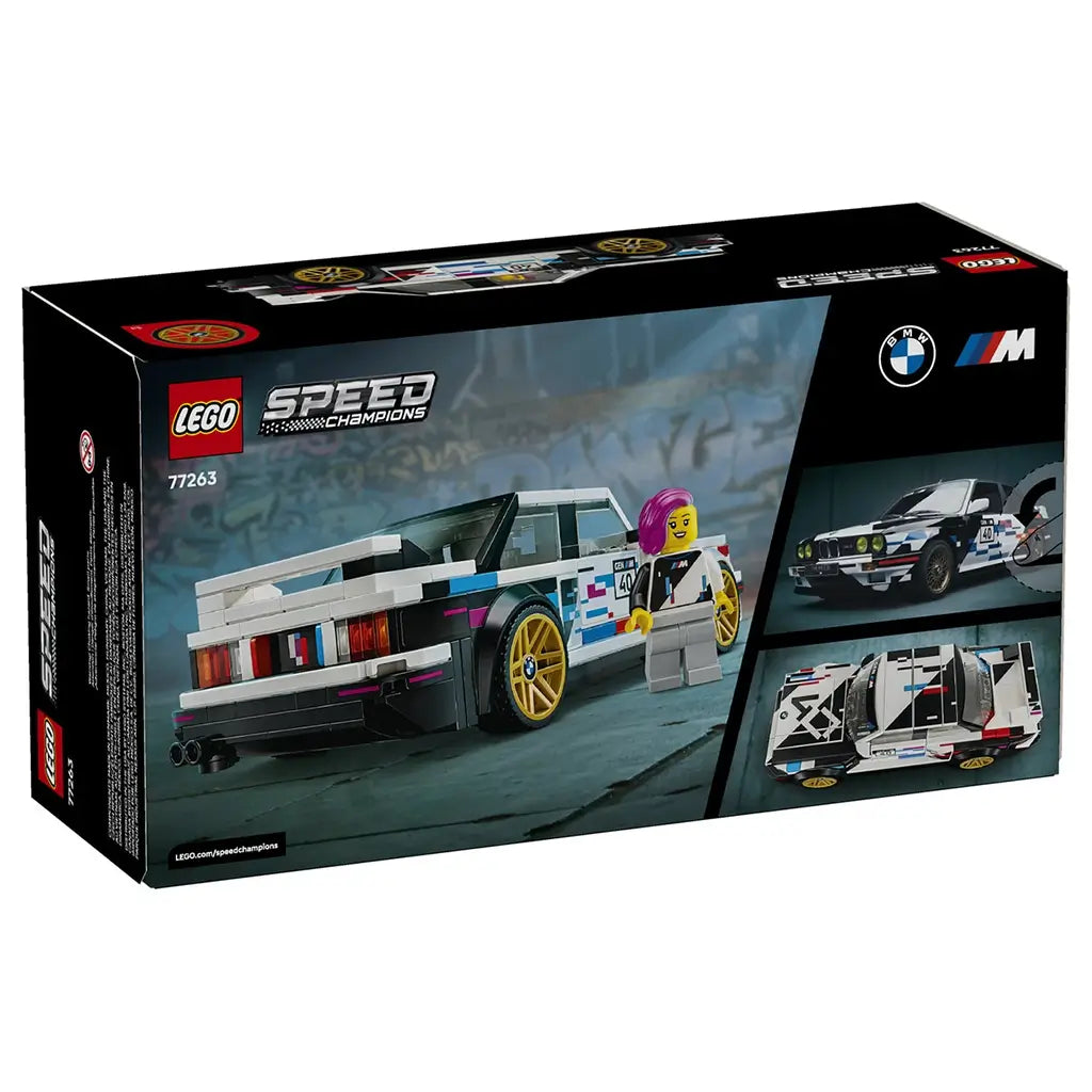 LEGO Speed Champions BMW M3 E30 77263 package back shows the white race car with gold wheels from rear, side and overhead angles alongside its driver minifigure.