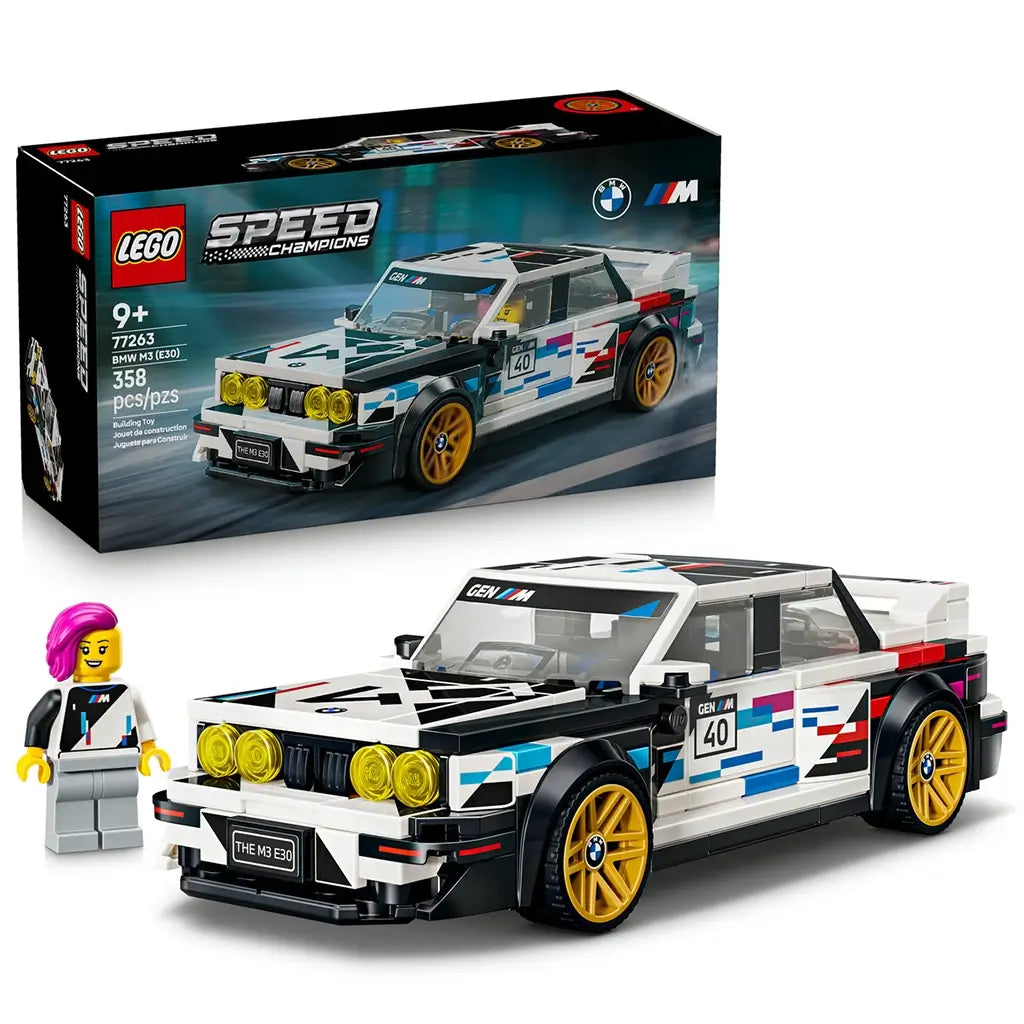 LEGO Speed Champions BMW M3 E30 pairs a white and black brick-built race car with gold wheels, colorful graphics, driver minifigure and retail box on a white background.