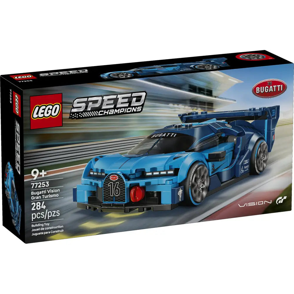 LEGO Speed Champions Bugatti Vision Gran Turismo box in glossy black cardboard, rectangular retail packaging with blue race car artwork, clear branding, age rating, and piece count, presented front-facing against a white studio background.