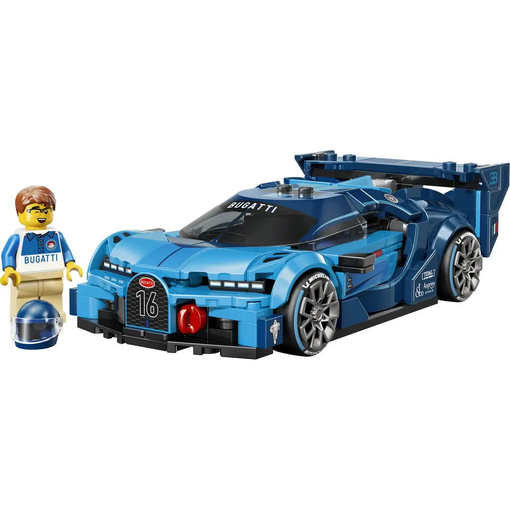 LEGO Bugatti Vision Gran Turismo toy car in bright blue plastic with smooth angular panels, low aerodynamic racing shape, detailed grille and rear spoiler, designed for high-speed display or imaginative play on a clean white background.