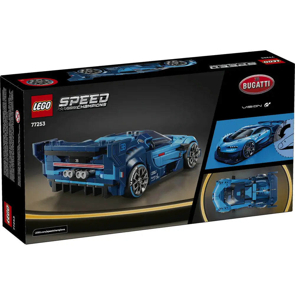Back of LEGO Speed Champions Bugatti Vision Gran Turismo box showing the blue plastic car from a rear angle, rectangular packaging with feature images, branding, and play details, designed for retail shelf presentation.