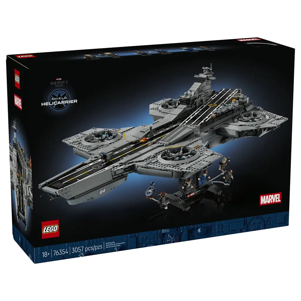LEGO Marvel S.H.I.E.L.D. Helicarrier building set, gray plastic aircraft-carrier model with detailed flight deck, rotor platforms, minifigures and display stand on a light gray background.