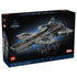 LEGO Marvel S.H.I.E.L.D. Helicarrier building set, gray plastic aircraft-carrier model with detailed flight deck, rotor platforms, minifigures and display stand on a light gray background.