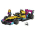 LEGO Speed Champions F1 Academy race car, yellow black pink and teal plastic Formula 1 model with aerodynamic bodywork, racing tires, driver minifigure and helmet on a light gray background.