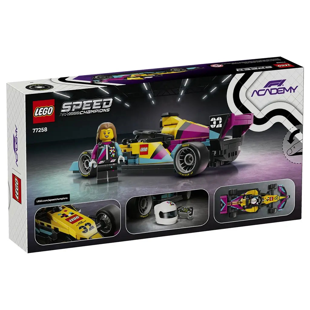 LEGO Speed Champions F1 Academy box, black white and purple printed cardboard packaging with race car graphics, product details and feature panels shown from the back on a light gray background.