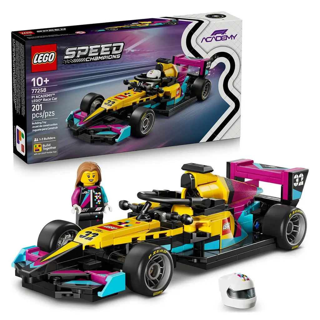 LEGO Speed Champions F1 Academy race car, yellow black and teal plastic Formula 1 model with angular aerodynamic bodywork, driver minifigure and helmet displayed beside retail packaging on a light gray background.