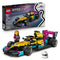 LEGO Speed Champions F1 Academy race car, yellow black and teal plastic Formula 1 model with angular aerodynamic bodywork, driver minifigure and helmet displayed beside retail packaging on a light gray background.
