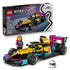 LEGO Speed Champions F1 Academy race car, yellow black and teal plastic Formula 1 model with angular aerodynamic bodywork, driver minifigure and helmet displayed beside retail packaging on a light gray background.