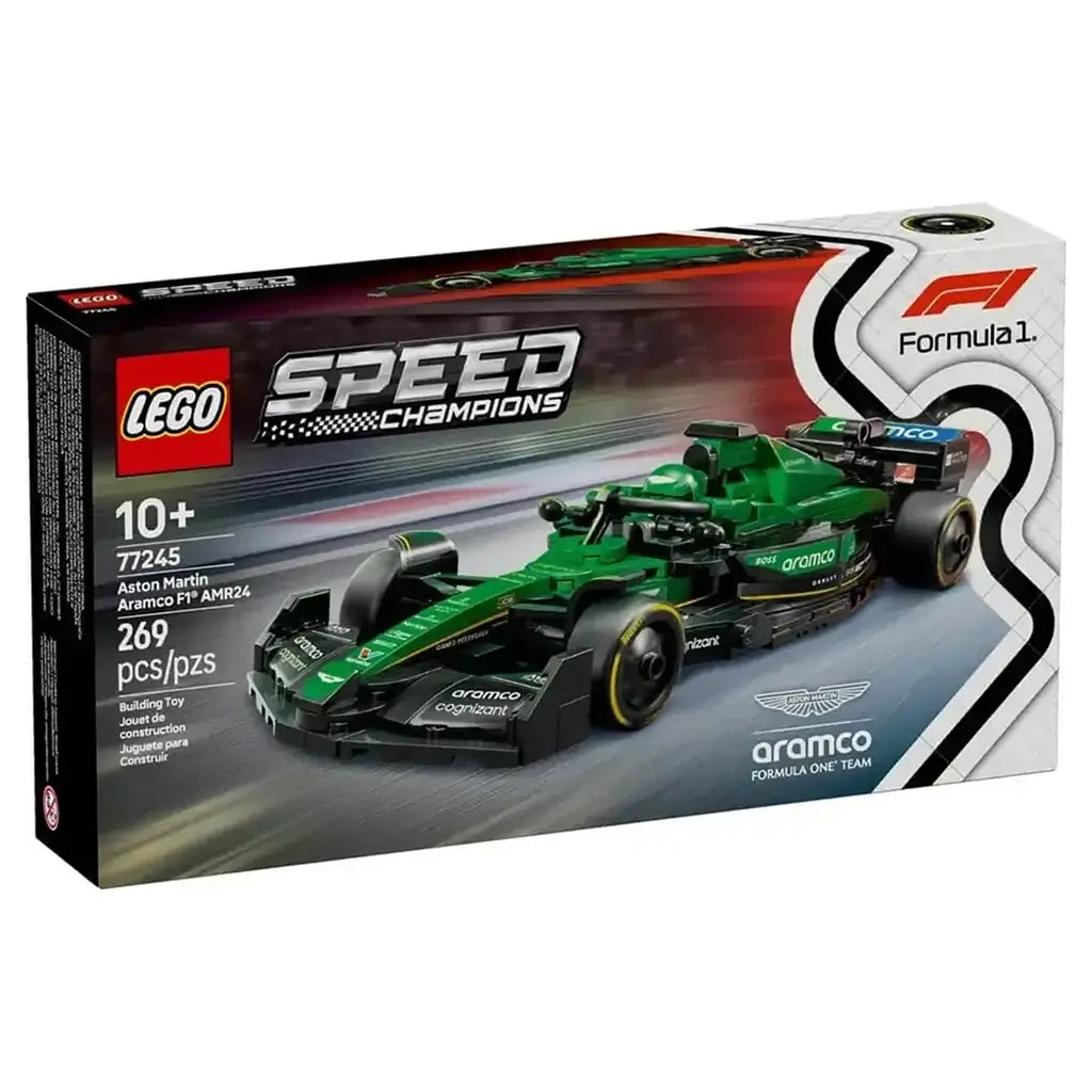 LEGO Speed Champions Aston Martin Aramco F1 set box with green and black race car artwork, rectangular cardboard retail packaging, shown on a clean white product background.
