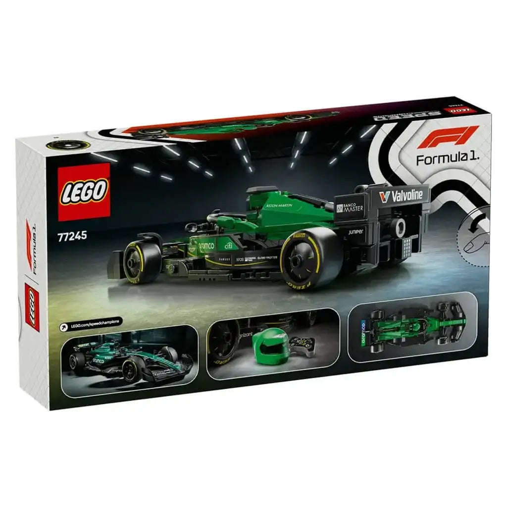 LEGO Speed Champions Aston Martin Aramco F1 set box back showing green and black plastic race car, helmet and accessories with feature panels on rectangular cardboard packaging.