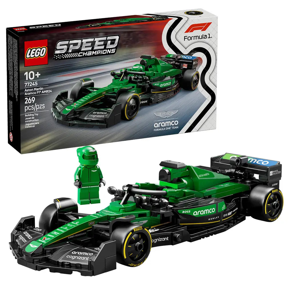 LEGO Speed Champions Aston Martin F1 race car building set features green plastic Formula 1 AMR24 model with black aerodynamic bodywork, driver minifigure and retail box on a clean white background.