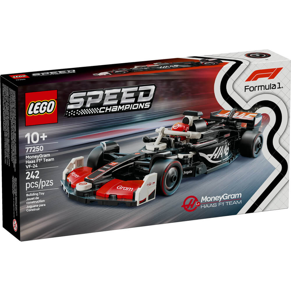 LEGO Speed Champions MoneyGram Haas F1 Team VF-24 retail box features black, red and white race car artwork on official Formula 1 packaging against a motion-inspired backdrop with authentic sponsor graphics.