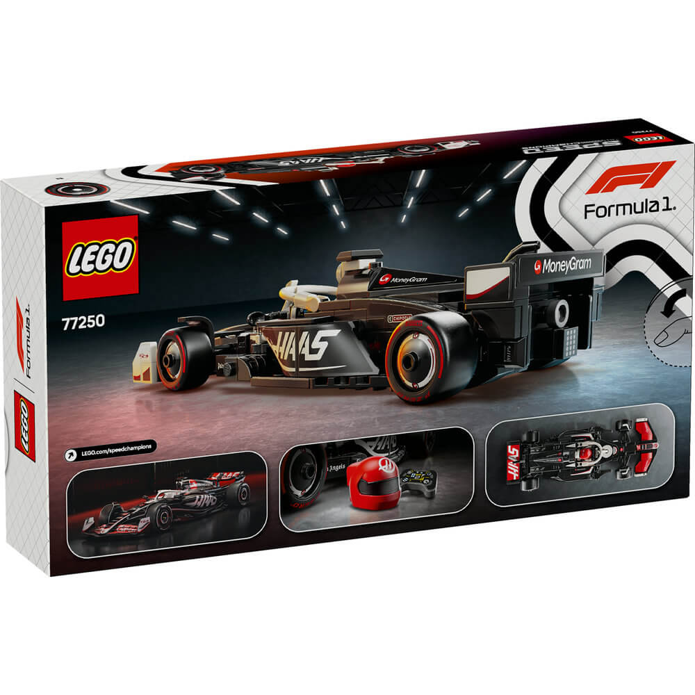 LEGO Speed Champions MoneyGram Haas F1 Team VF-24 package back displays the black race car from multiple angles with feature callouts on official Formula 1 retail packaging with authentic sponsor graphics.