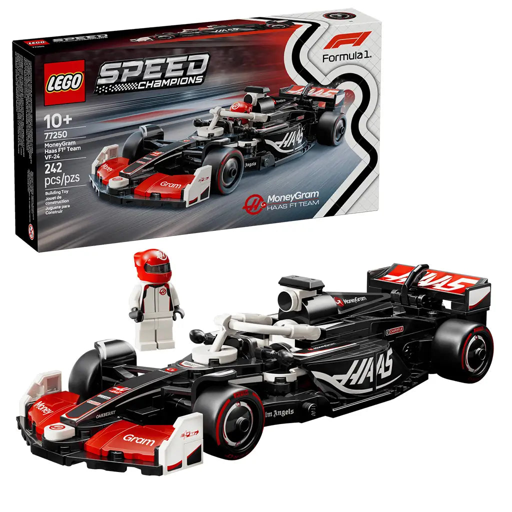 LEGO Speed Champions MoneyGram Haas F1 Team VF-24 building set combines the black, red and white Formula 1 race car, driver minifigure and retail box on a clean white background with authentic sponsor graphics.