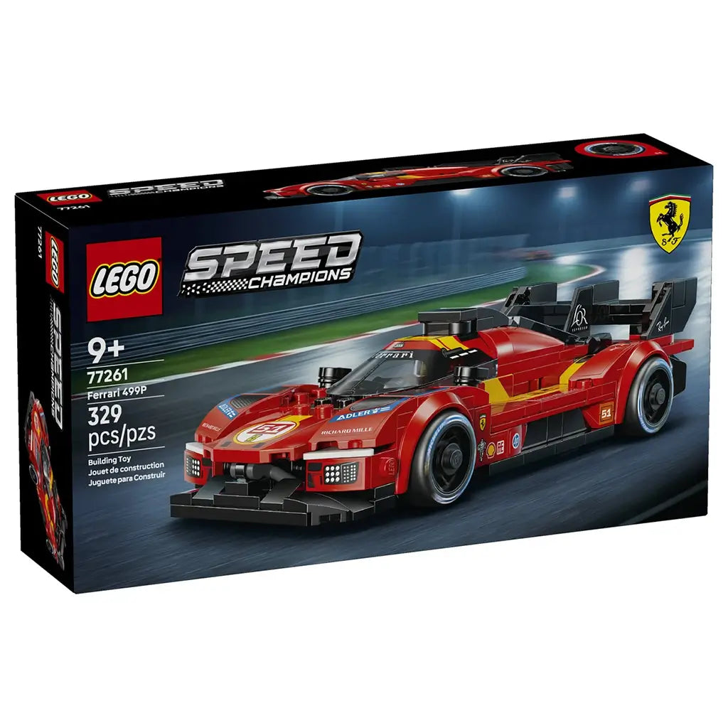 LEGO Speed Champions Ferrari 499P 77261 box front shows the red race car with black aero details and racing decals on track, labeled as a 329-piece set for ages 9+.