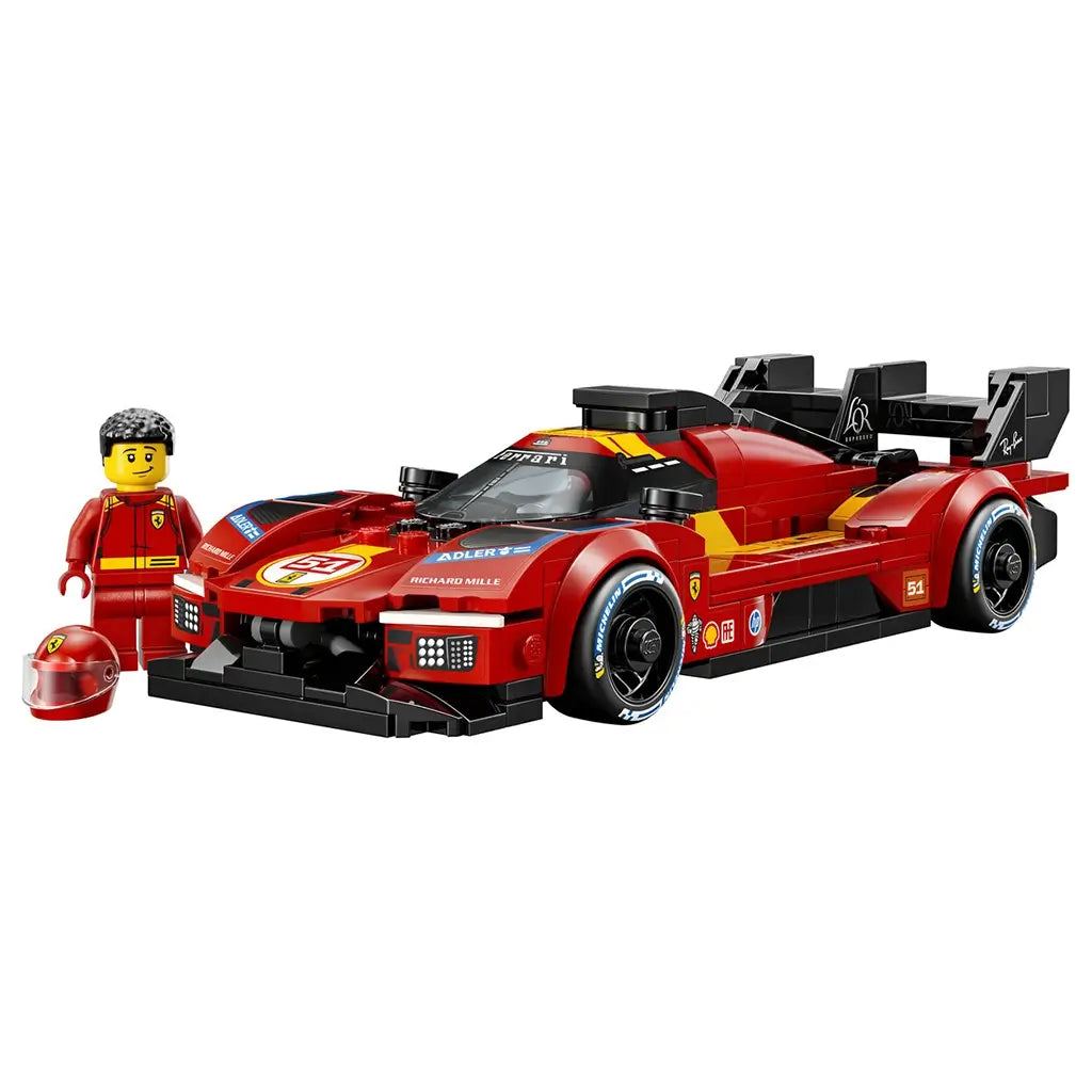 LEGO Speed Champions Ferrari 499P in red plastic features black aero details, racing decals, wide fenders and rear wing, paired with a driver minifigure and helmet.