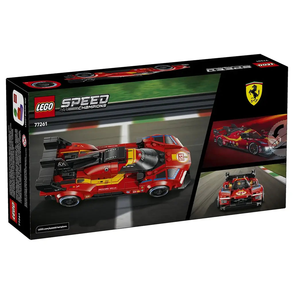 LEGO Speed Champions Ferrari 499P package back shows the red brick-built race car with black aero details from top, side and front angles against a racetrack backdrop.