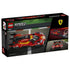 LEGO Speed Champions Ferrari 499P package back shows the red brick-built race car with black aero details from top, side and front angles against a racetrack backdrop.