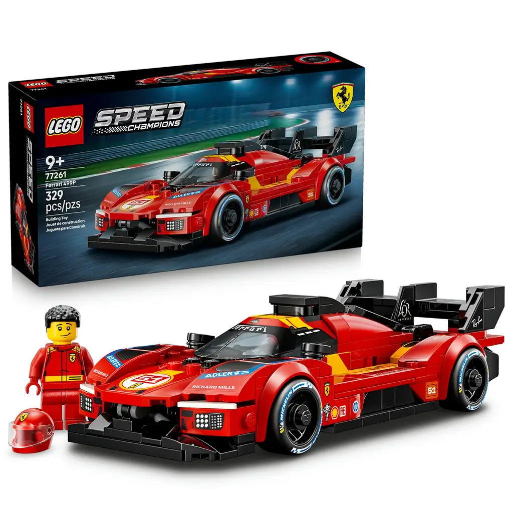 LEGO Speed Champions Ferrari 499P set features a red brick-built race car with black aero details, racing decals, driver minifigure and helmet beside its retail box.