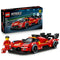 LEGO Speed Champions Ferrari 499P set features a red brick-built race car with black aero details, racing decals, driver minifigure and helmet beside its retail box.