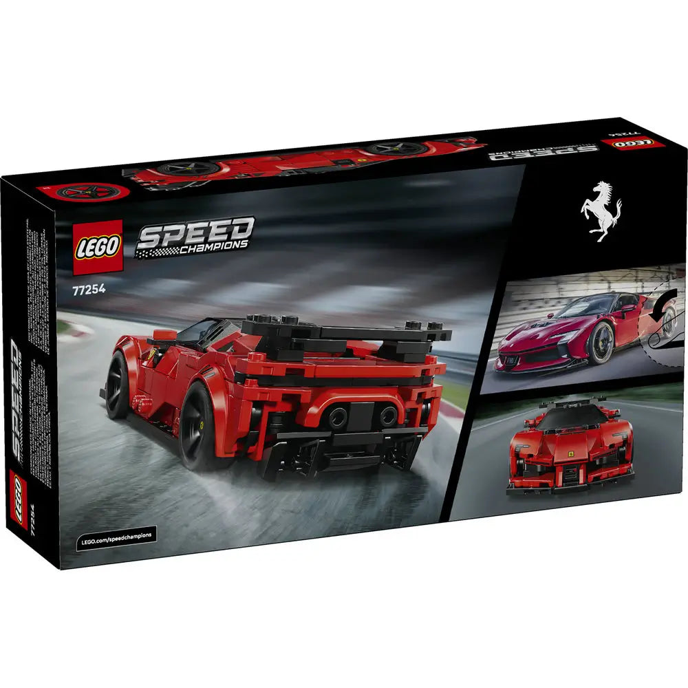 LEGO Ferrari SF90 XX Stradale package back showing rear and side views of the red supercar, close-up details of the wing and diffuser, and play features highlighted on Speed Champions packaging
