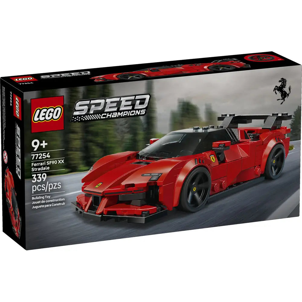 LEGO Speed Champions Ferrari SF90 XX Stradale box front in black packaging, featuring the red supercar racing on a road backdrop with Ferrari branding, age recommendation, and piece count clearly shown