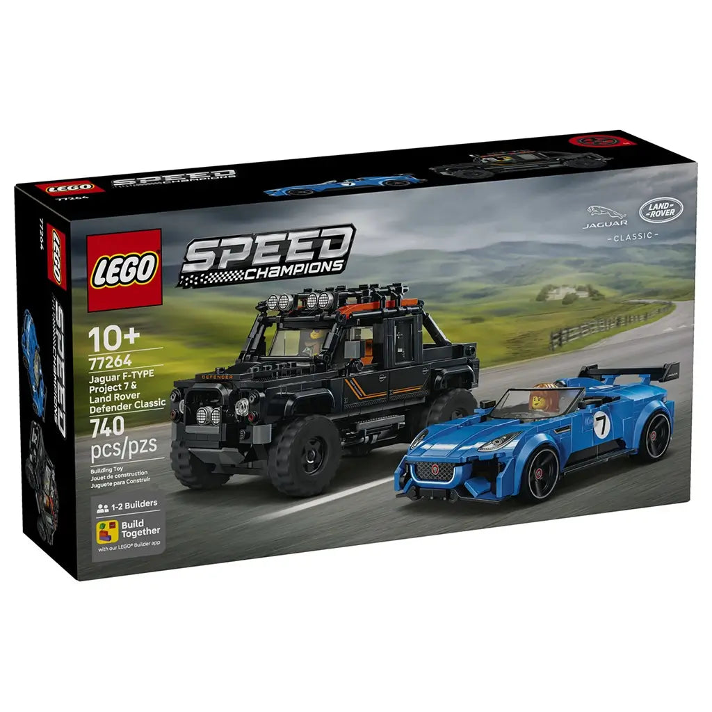 LEGO Speed Champions 77264 box shows a black Land Rover Defender and blue Jaguar Project 7 racing on a country road, labeled as a 740-piece building set for ages 10+.
