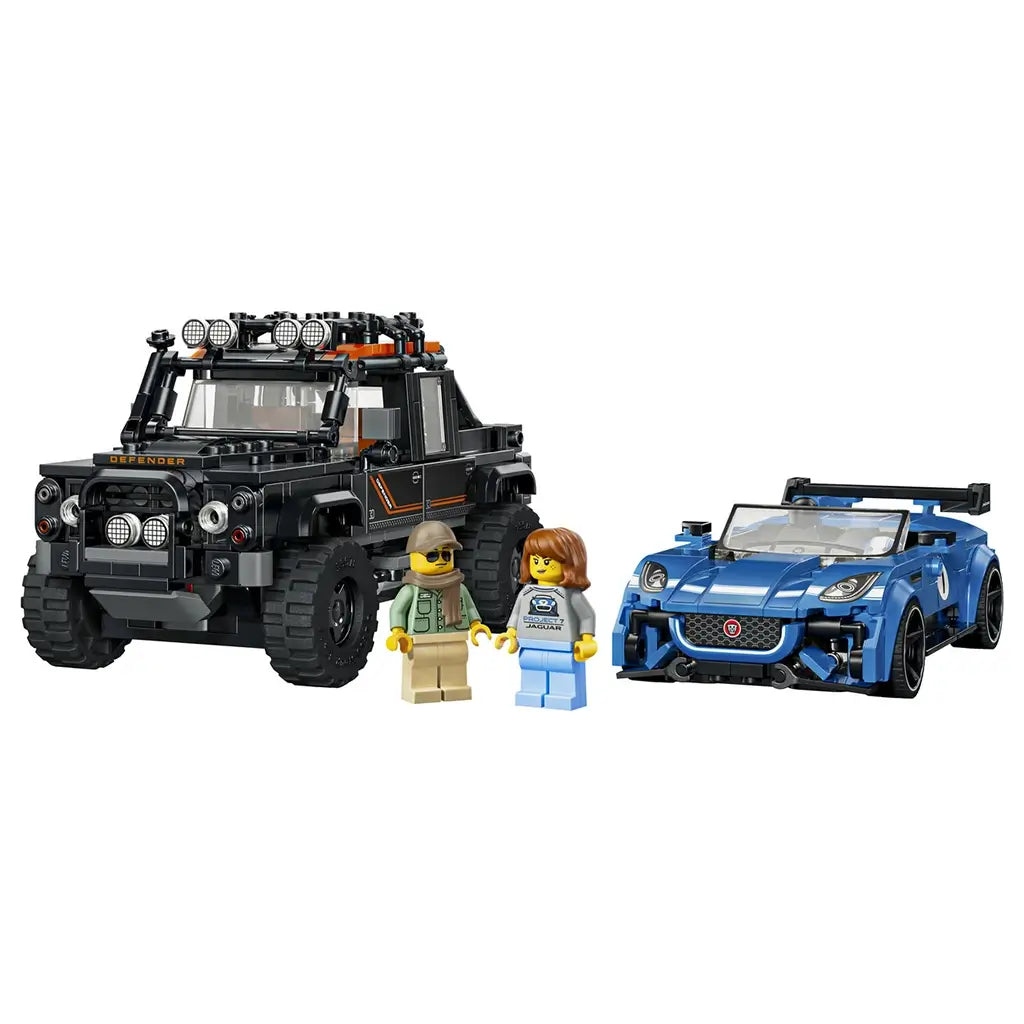 LEGO Speed Champions cars in black and blue plastic feature a Land Rover Defender and Jaguar Project 7 with two driver minifigures arranged on a white background.