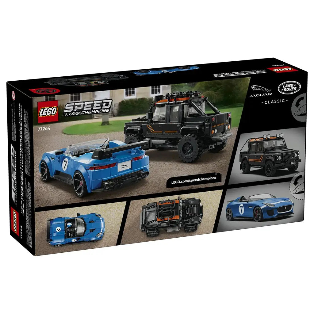 LEGO Speed Champions 77264 package back shows the blue Jaguar Project 7 and black Land Rover Defender from multiple angles, highlighting each brick-built vehicle design.