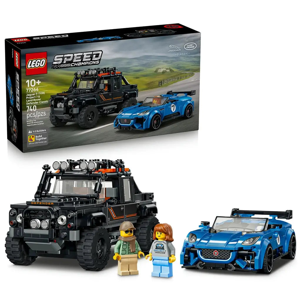 LEGO Speed Champions Jaguar Project 7 and Land Rover Defender set pairs blue and black brick-built cars with two minifigures and the retail box on a white background.