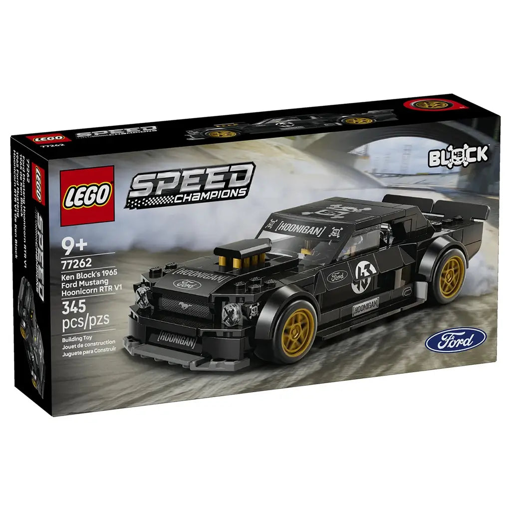 LEGO Speed Champions Ford Mustang Hoonicorn 77262 box shows the black race car with gold wheels and Hoonigan graphics in motion, labeled as a 345-piece set for ages 9+.